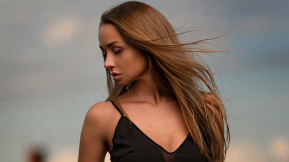 Girl Black Dress Closed Eyes Windy Weather 4k
