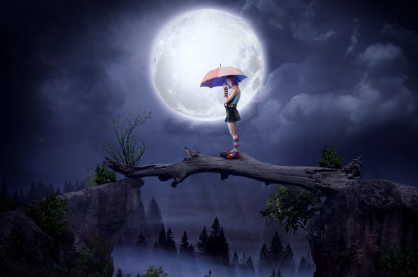 Girl With Umbrella Big Moon Digital Art 5k