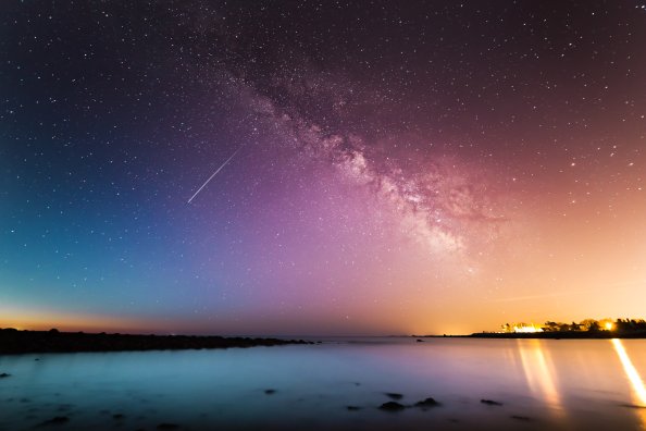 Shooting Star Rye Milky Way Above Body Of Water 5k