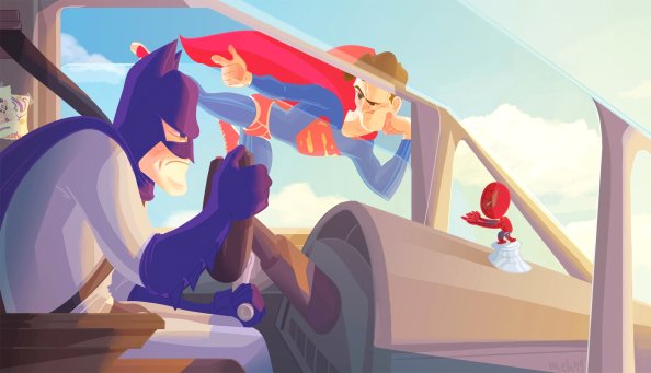 Batman Flying Jet Alongside Superman Spiderman