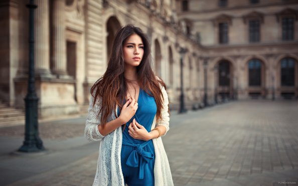 Women Looking Away Blue Dress 4k