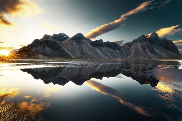 Mountains Clouds Lake Reflection Sun Sky