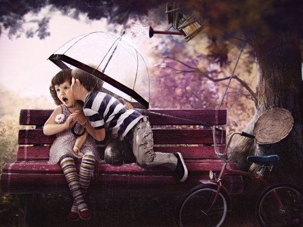 Boy and Girl On Bench Art