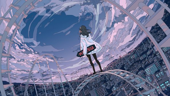 Skyline Anime Girl Skateboard 5k