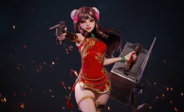 Red Dress Girl With Gun 4k