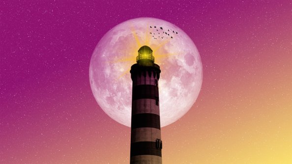 Moon Lighthouse Birds Pink Yellow Sky