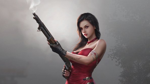 Fantasy Girl In Red Dress With Gun 4k