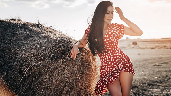 Polka Dot Dress Girl Field Long Hair 4k