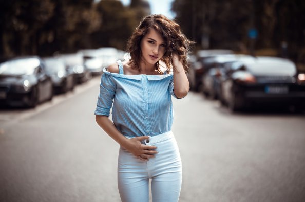 Women Bruneete Curly Hair Blue Shirt 4k