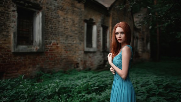 Blue Dress Red Hair 4k