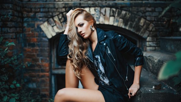 Blonde Girl Outdoor Sitting Hairs On Face 4k