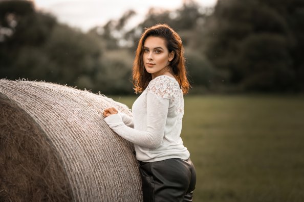 Girl Posing Wheat Roll Field 4k
