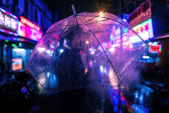Closeup Umbrella Neon Night Photography 4k