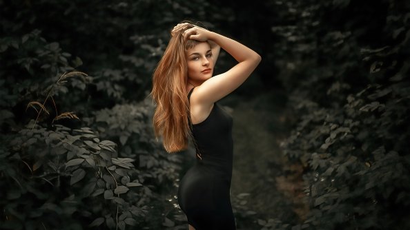 Girl Black Dress Hands On Head 4k