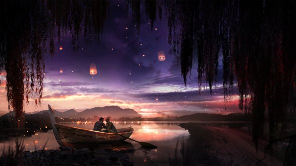 Boat Couple Dreamy Painting Lake Lantern