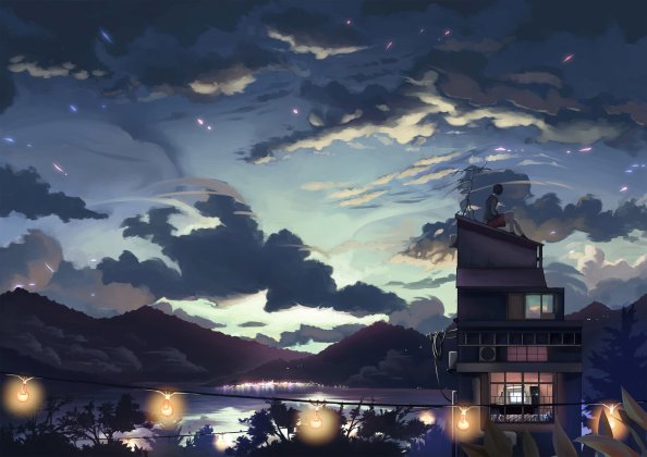A Cloudy Evening Anime Girl Sitting Rooftop 4k