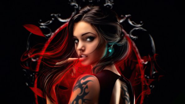 Dark Eyes Fantasy Tattoo Girl 4k