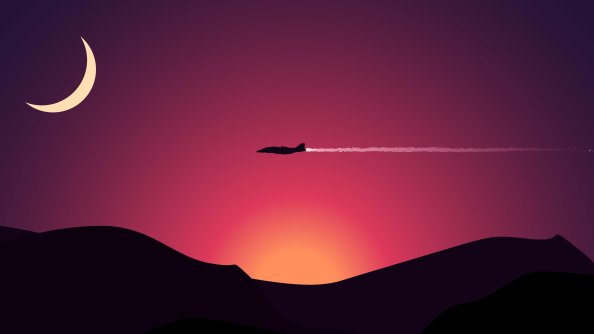 Minimalism Plane Flying Above Mountains Moon