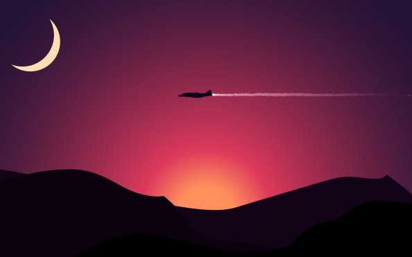 Aircraft Moon Mountains Sunset