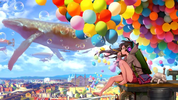 Colorful City Anime Girl Blowing Bubbles