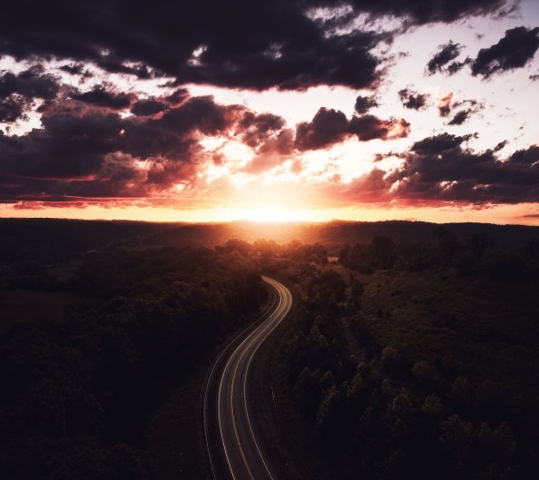 Beautiful Road Path Sun Setting Drone View 4k