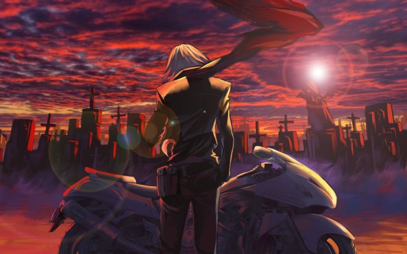 Man Standing Side Of The Bike Buildings Sunset