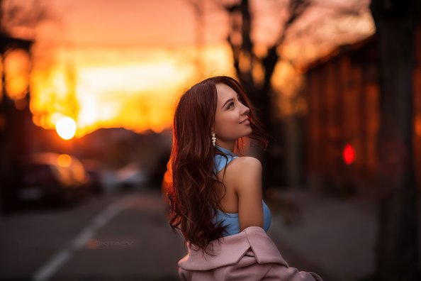 Girl Sunset Smiling Golden Hair 4k