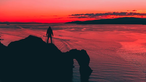 Men Standing At Cliff Sunset 4k
