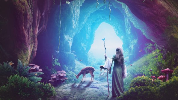 Heaven Cave Girl Deer Fantasy Art