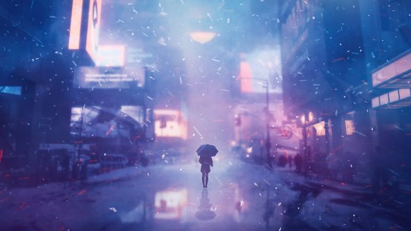 Alone Girl On Street With Umbrella