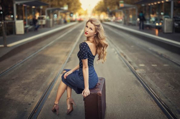 Blonde Girl Sitting Suitcase Train Station 4k