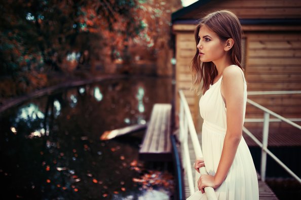 Girl White Dress Looking Away 4k