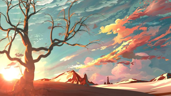 Digital Art Tree Sky Mountains