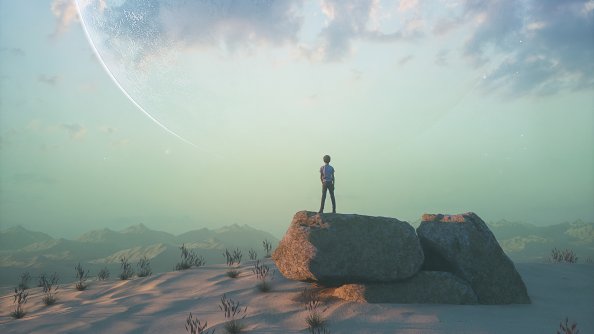 Boy Standing On Rock Looking At Landscape View 4k