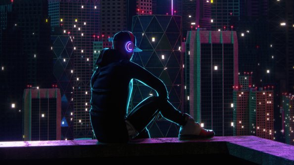Boy Sitting On Rooftop Neon Lights 5k