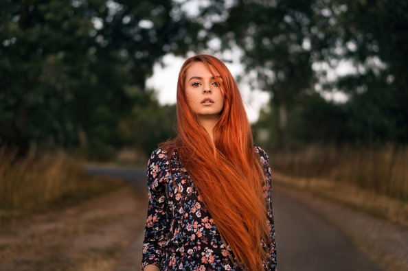 Red Head Girl Outdoor Road 4k