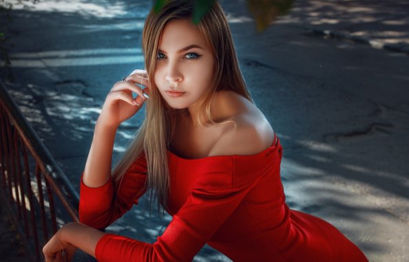 Long Hair Blonde In Red Dress