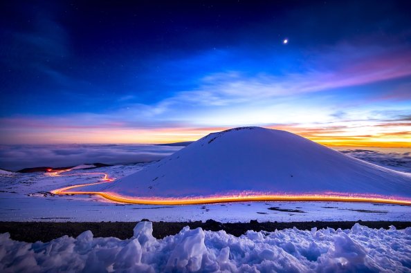 Light Trails Long Exposure Hills Snow Sunset