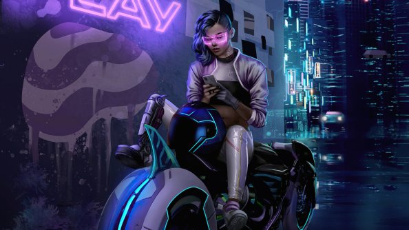 Cyberpunk Bike Girl Texting Phone 4k