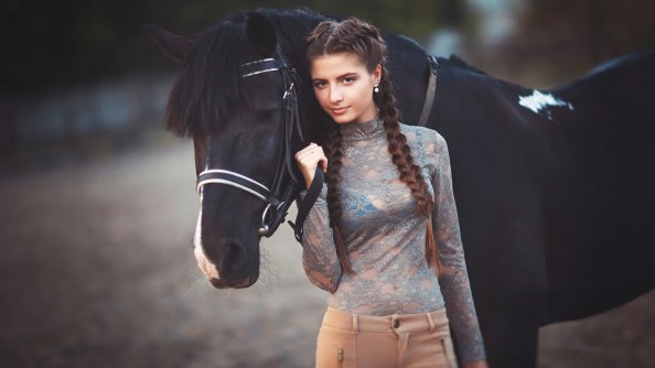 Girl Standing With Horse 4k