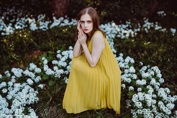 Girl Yellow Dress Sitting Flowers 5k