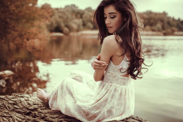 White Dress Girl Lake Side 8k