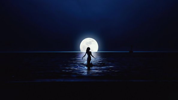 Girl Walking Towards Moon In Ocean