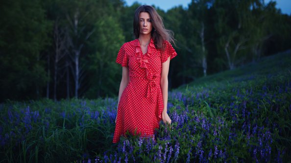 Girl Red Polka Dress Field