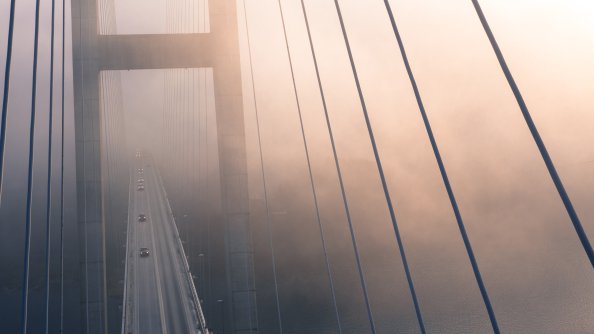 Suspension Bridge View From Top Evening Fog 4k