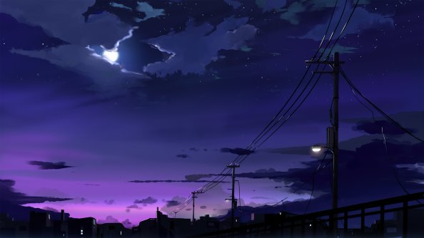 Power Lines Moon Anime Quite Night 4k