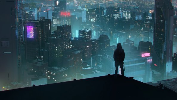 Rooftop Scifi Anonymus Hoodie Guy 4k