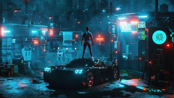 Cyber Night Boy Standing On Car 4k