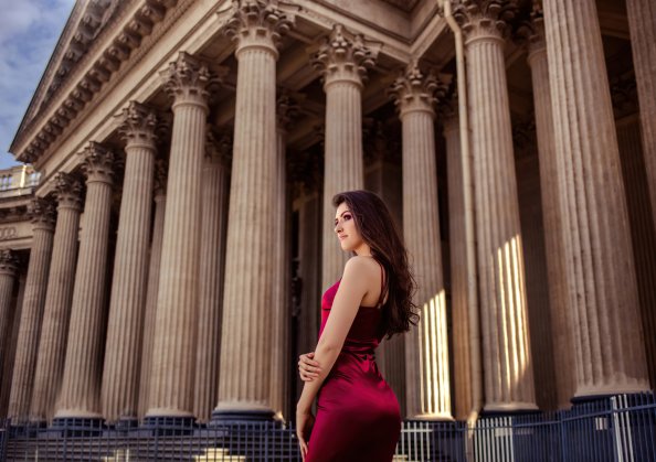 Girl Red Dress Looking Into Distance 4k