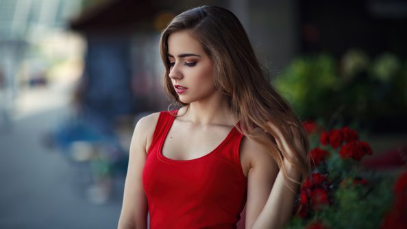 Nadia Model Red Dress Blonde Hairs